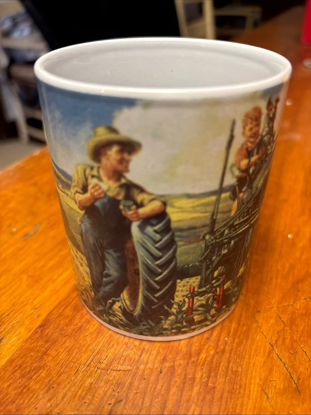 VTG John Deere White Ceramic Farm Scene Coffee Mug with Rural Artwork